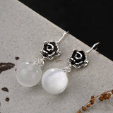 S925 Vintage Thai Silver Garnet Red Chalcedony Cat Rose Earrings
