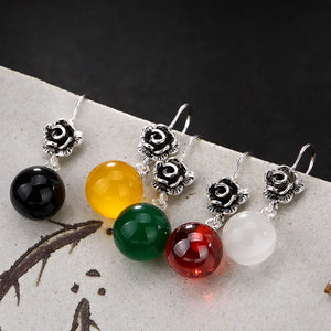 S925 Vintage Thai Silver Garnet Red Chalcedony Cat Rose Earrings