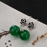 S925 Vintage Thai Silver Garnet Red Chalcedony Cat Rose Earrings