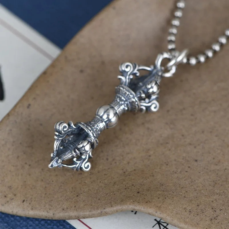 Vintage Vajra Chain Pendant 925 Silver Retro Ethnic Style