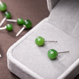 S925 Sterling Silver Women Ear Studs Nephrite Stone Carving Green Earrings