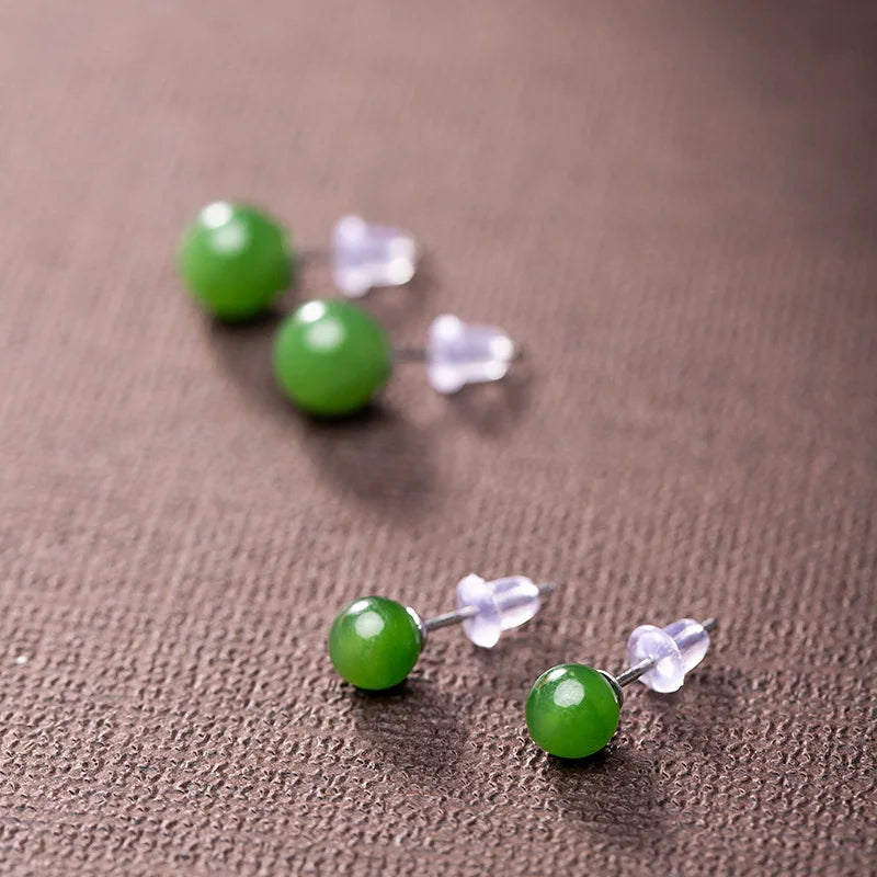 S925 Sterling Silver Women Ear Studs Nephrite Stone Carving Green Earrings