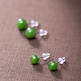 S925 Sterling Silver Women Ear Studs Nephrite Stone Carving Green Earrings