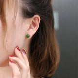 S925 Sterling Silver Women Ear Studs Nephrite Stone Carving Green Earrings