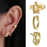 S925 Sterling Silver Zircon Turtle Star Moon Stud Earrings