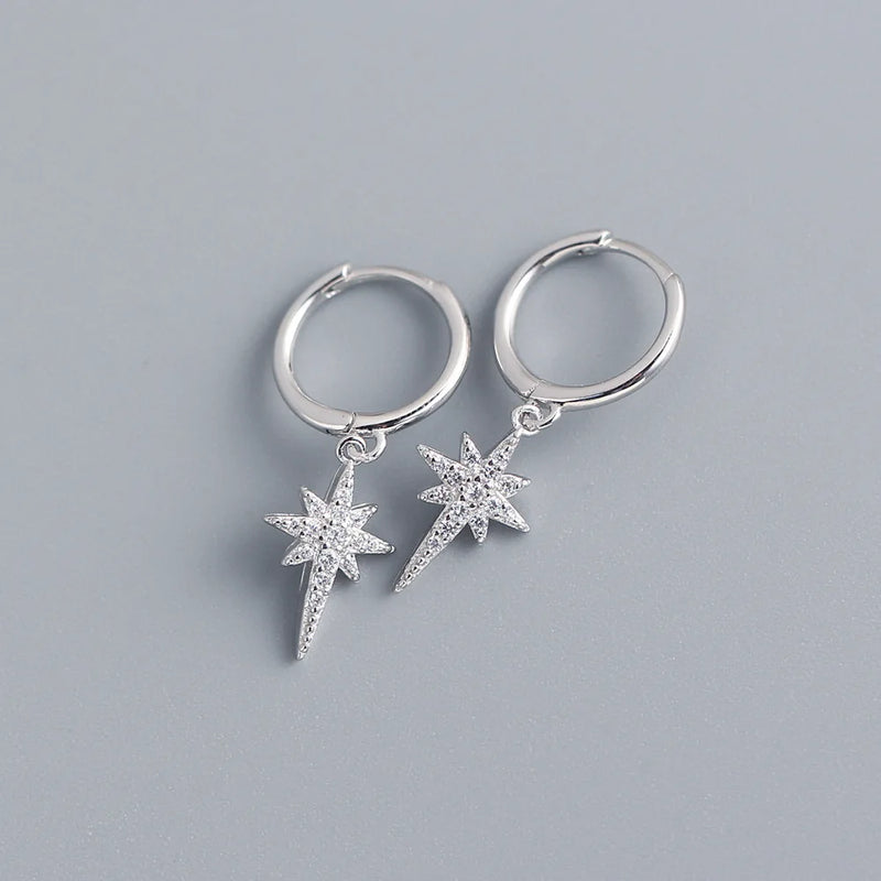 S925 Silver 8 Pointed Star Zircon Earrings Hoops Women Party