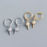 S925 Silver 8 Pointed Star Zircon Earrings Hoops Women Party