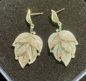 Sterling Silver Leaf Zircon Crystal Earrings DIY Accessories