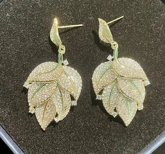 Sterling Silver Leaf Zircon Crystal Earrings DIY Accessories