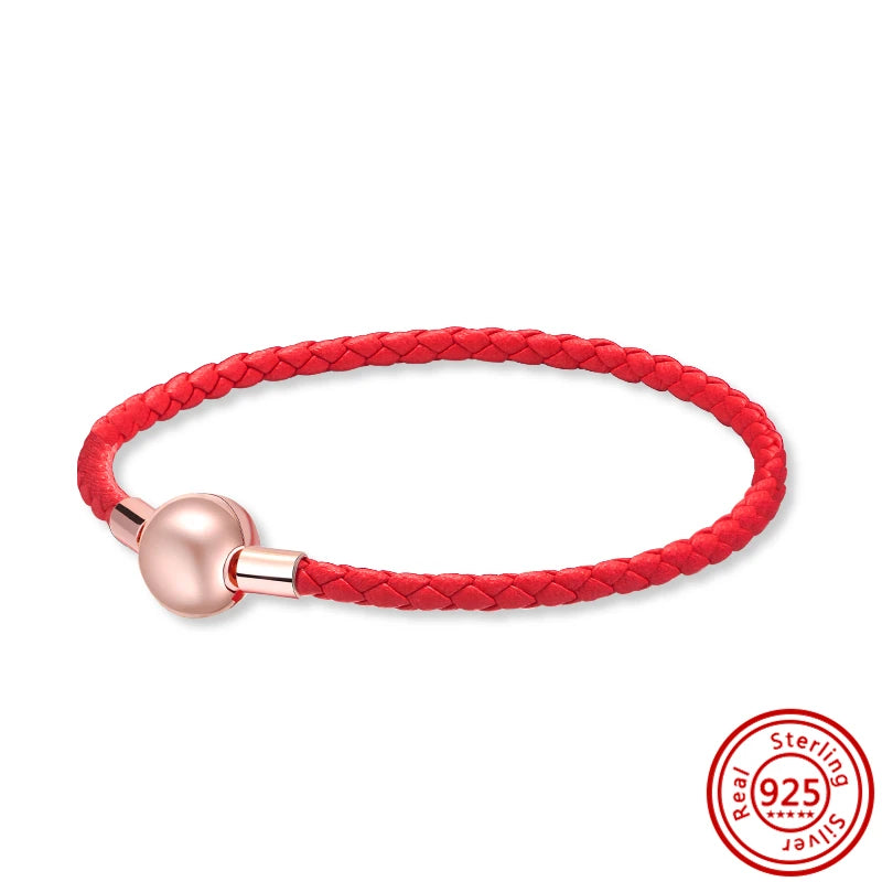 S925 Sterling Silver Red & Black Leather Bracelet for Women