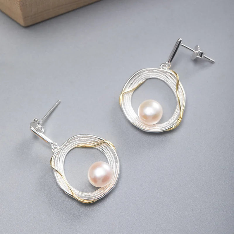 S925 Sterling Silver Freshwater Pearl Earrings Retro Court Jewelry for Women
