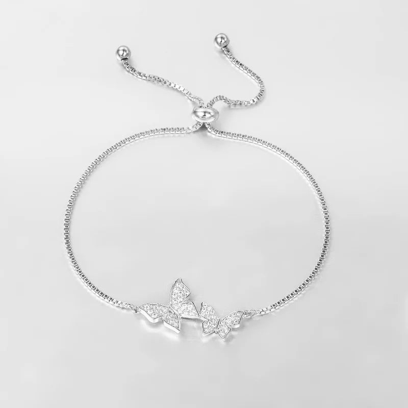 Sterling Silver Butterfly Bracelet Zircon Adjustable Plated Women's Jewelry