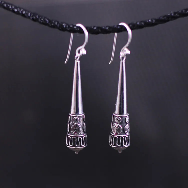 S925 Thai Silver Hand Carved Woodwork Eardrop