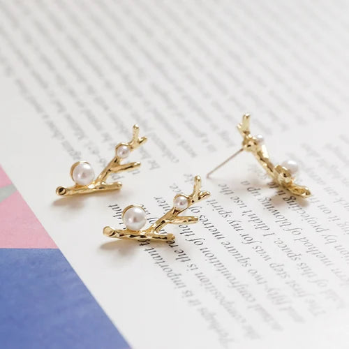 S925 Tremella Nail Pearl Twig Shape Earrings Accessories