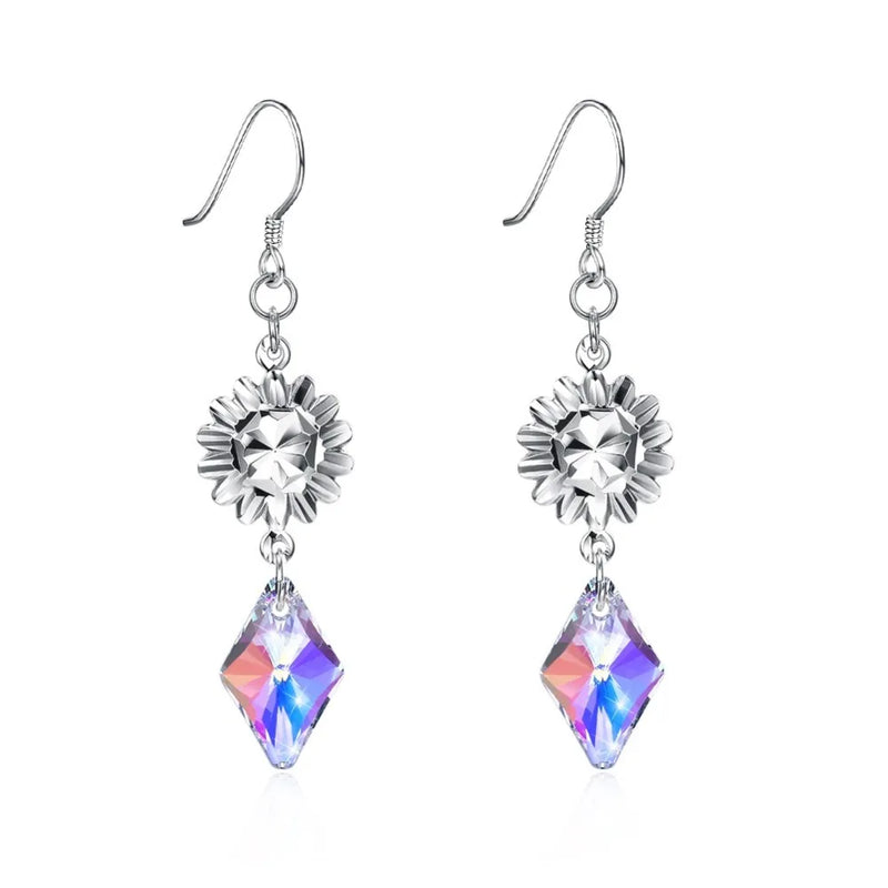 925 Silver Crystal Flower Drop Earrings for Evening Party