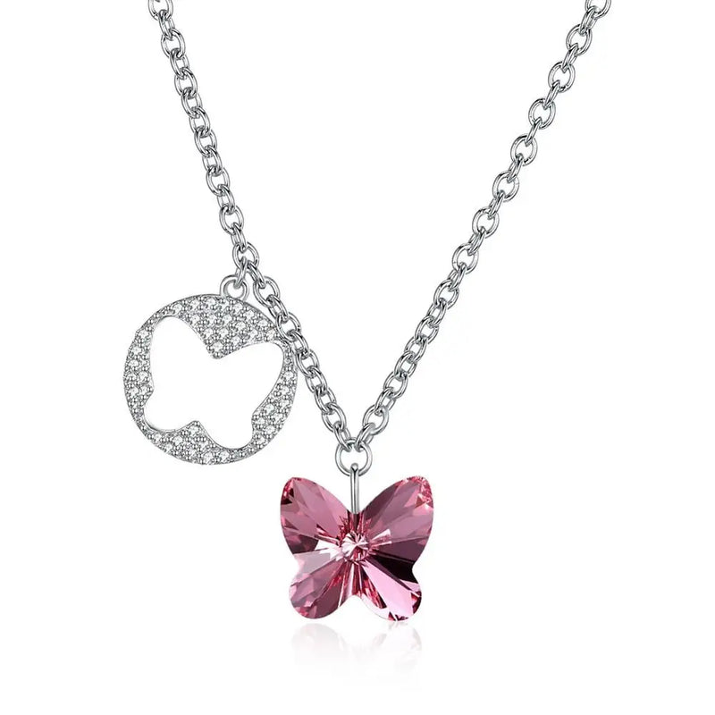 S925 Pink Crystal Butterfly Pendant Necklace 925 Sterling Silver Lady Party Wear