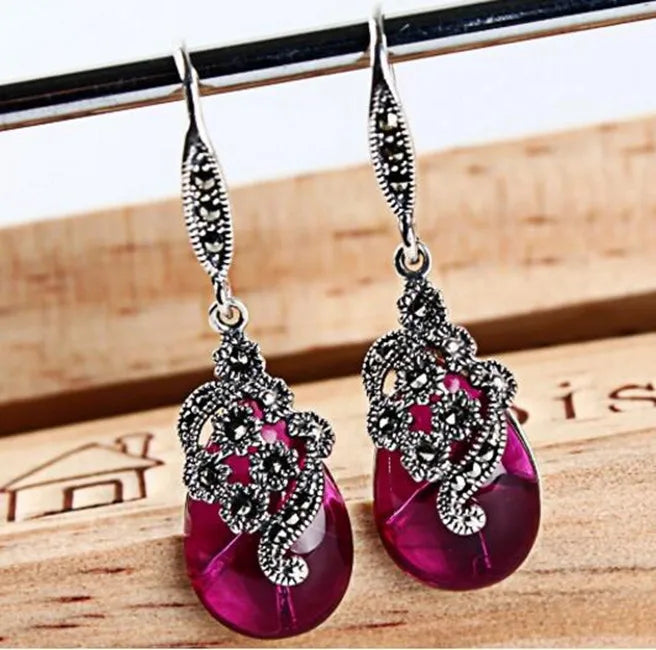 S925 Intime Silver Ruby Red Corundum Earrings Anti Allergy