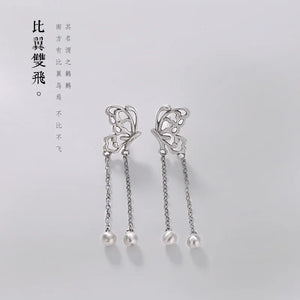 S925 Pure Silver Matte Antique Butterfly Tassels Eardrop Retro Earrings