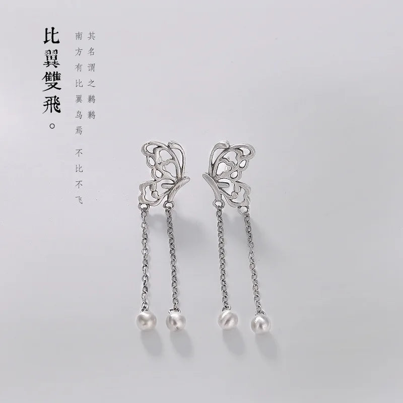 S925 Pure Silver Matte Antique Butterfly Tassels Eardrop Retro Earrings
