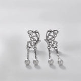 S925 Pure Silver Matte Antique Butterfly Tassels Eardrop Retro Earrings