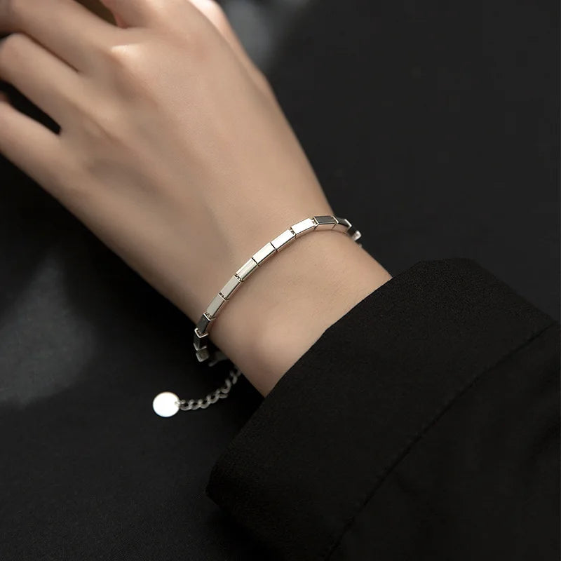 S925 Silver Retro Square Bracelet Geometric Stitching Jewelry