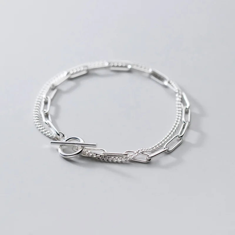 S925 Silver Bracelet Double Chain Oval Buckle Jewelry