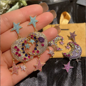 S925 Silver Needle Moon Earrings with Zircon Stars