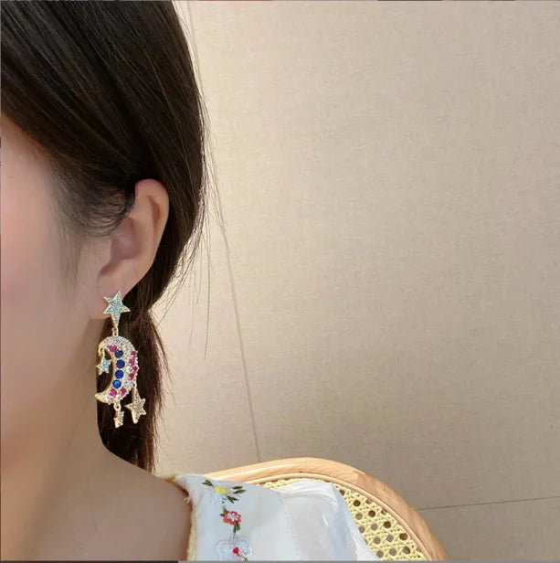 S925 Silver Needle Moon Earrings with Zircon Stars