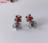 S925 Silver Vintage Thai Silver Southern Red Small Carp Female Earrings