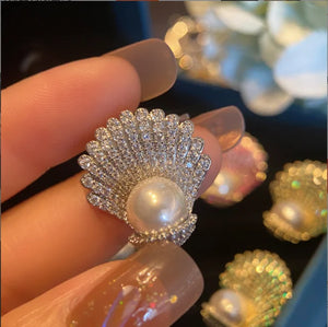S925 Silver Fan-Shaped Pearl Earrings with Zircon for Women