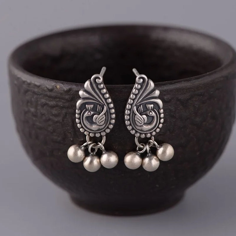 Vintage Thai Silver Earrings Chinese Peacock Bead Tassel Earrings