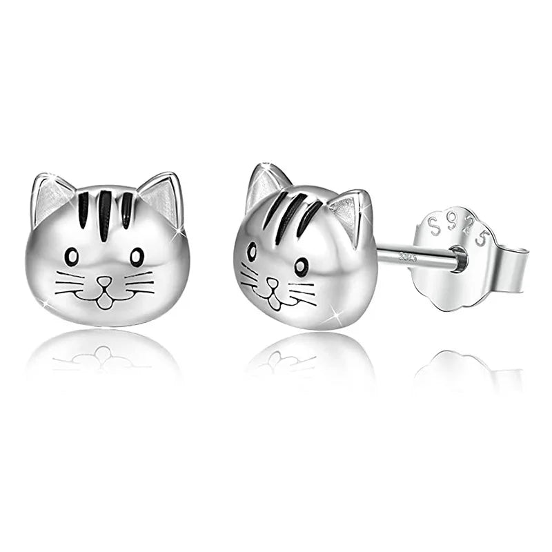 S925 Sterling Silver Cartoon Cat Earrings Jewelry