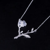 S925 Sterling Silver Brushed Branch Pendant Crystal Plum Blossom Necklace