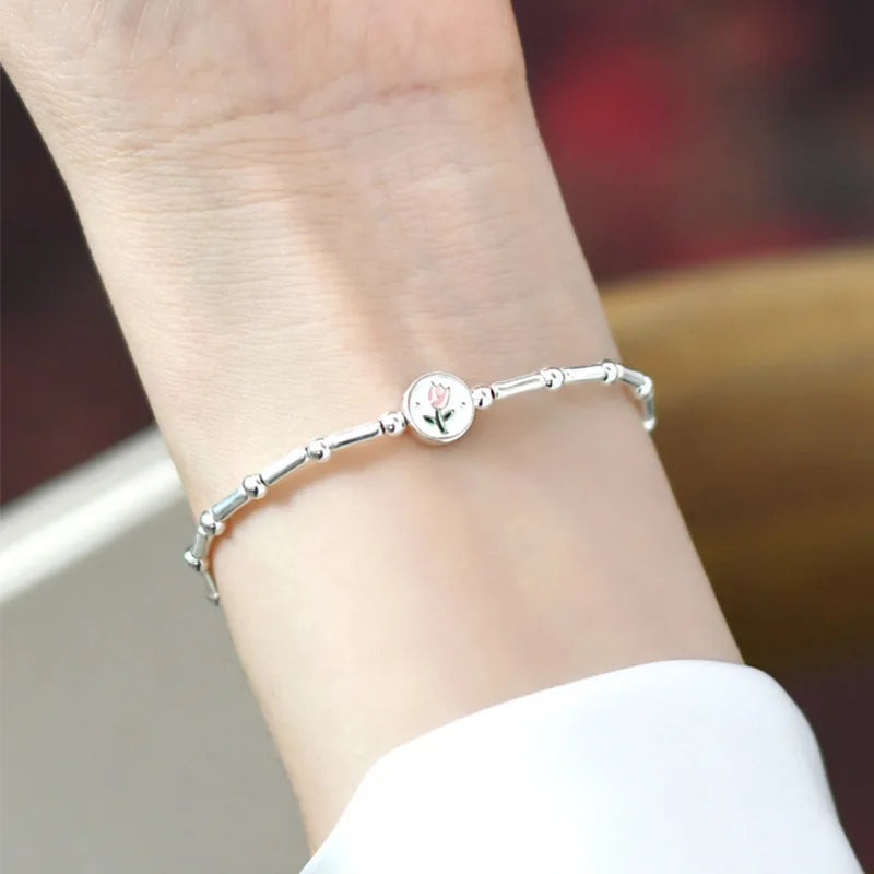 S925 Sterling Silver Tulip Coin Bracelet for Women