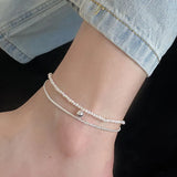 S925 Sterling Silver Double Pearl Baby Anklet Women's Korea Round Beads Anklet