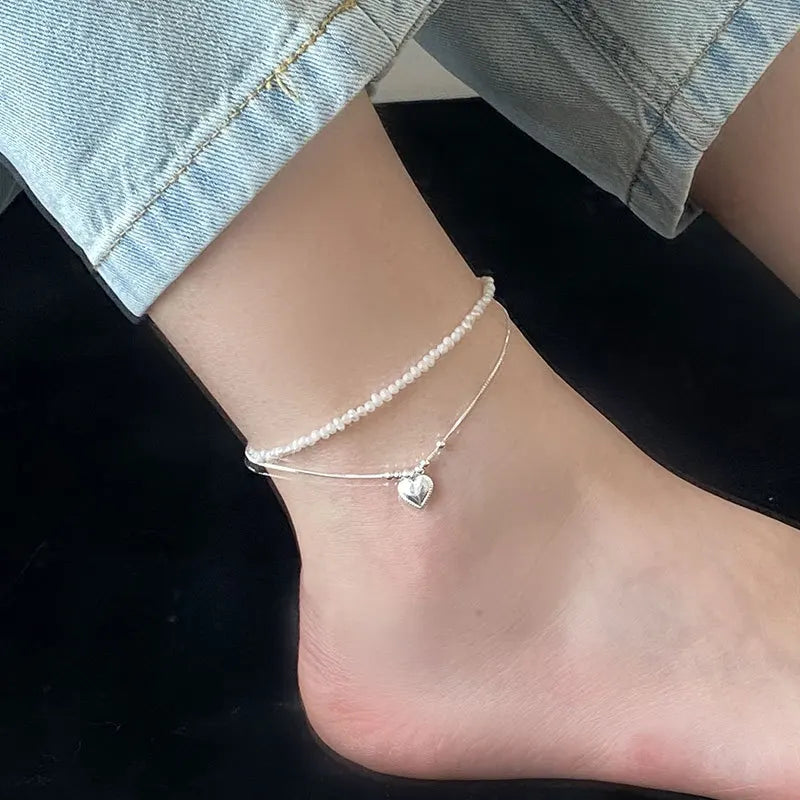 S925 Sterling Silver Double Pearl Love Anklet Women's Korean Round Bead Anklet