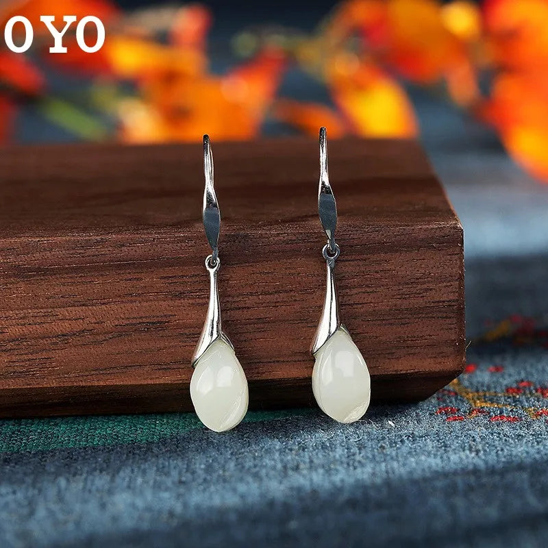 925 Silver Natural Hetian Jade Earrings