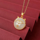 Sterling Silver Plated Natural Hetian Jade Pendant National Tide Coins Cat