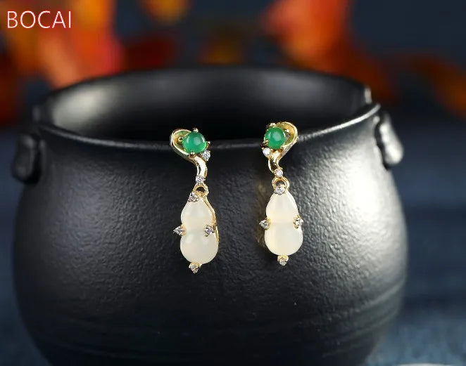 S925 Sterling Silver Gold-Plated Hetian Jade Gourd Earrings