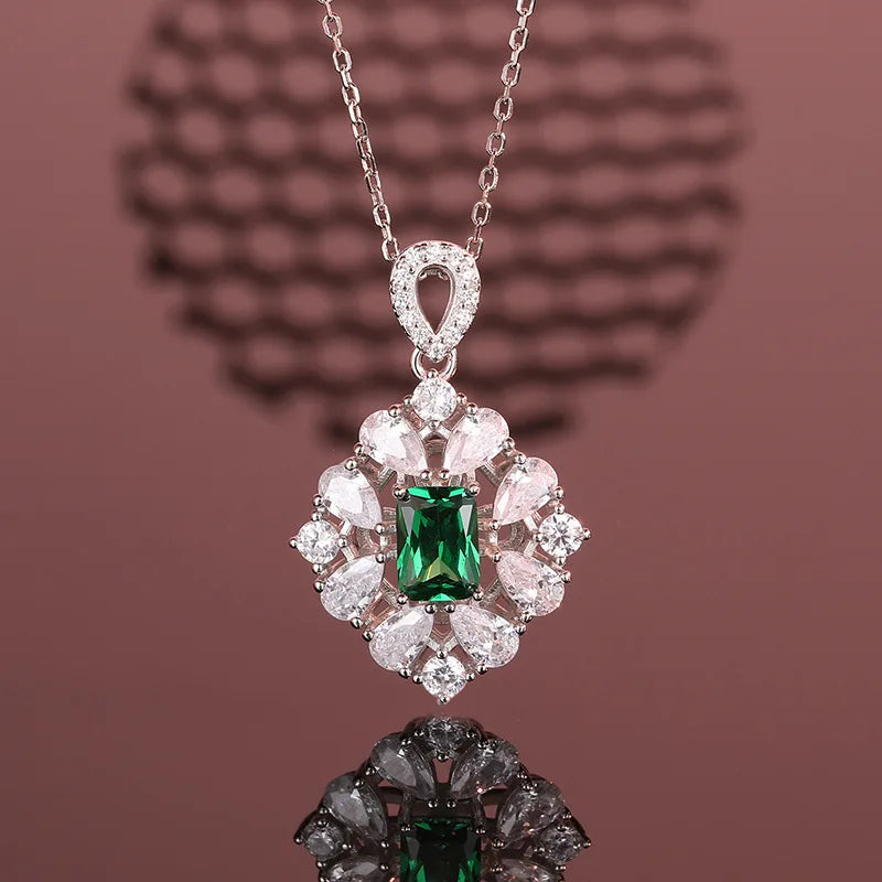 S925 Silver Carbon Diamond Green Gemstone Pendant Necklace