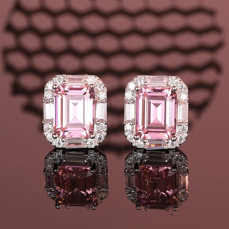 S925 Silver Carbon Diamond Pink Gem Earrings