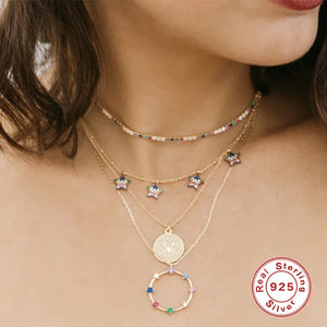 S925 Rainbow Round Clavicle Necklace Sterling Silver Inlaid