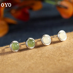 S925 Sterling Silver Hetian Jade Inlaid Earrings