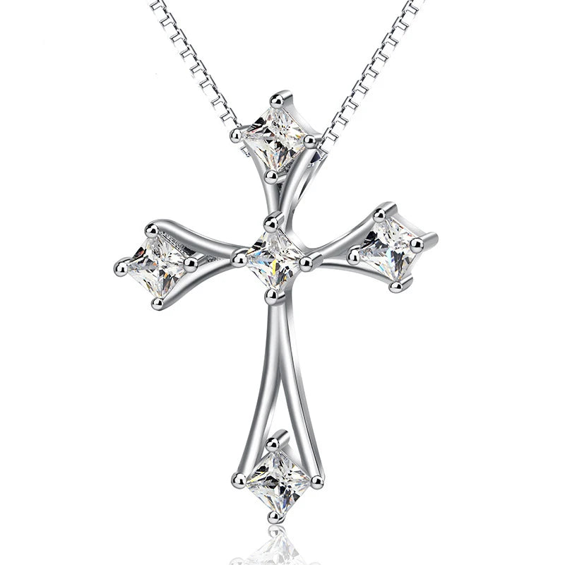 S925 Sterling Silver Crystal Cross Necklace Christ Religion Pendant