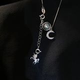 S925 Sterling Silver Necklace Moon Stone Stars Tassel Choker Wedding Jewelry