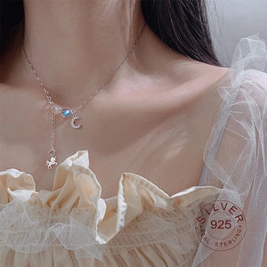 S925 Sterling Silver Necklace Moon Stone Stars Tassel Choker Wedding Jewelry
