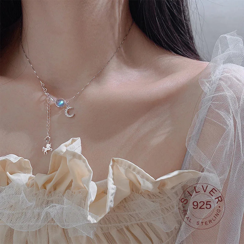 S925 Sterling Silver Necklace Moon Stone Stars Tassel Choker Wedding Jewelry