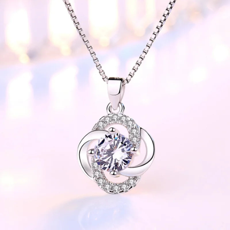 S925 Sterling Silver Purple Crystal Zircon Flower Pendant Necklace