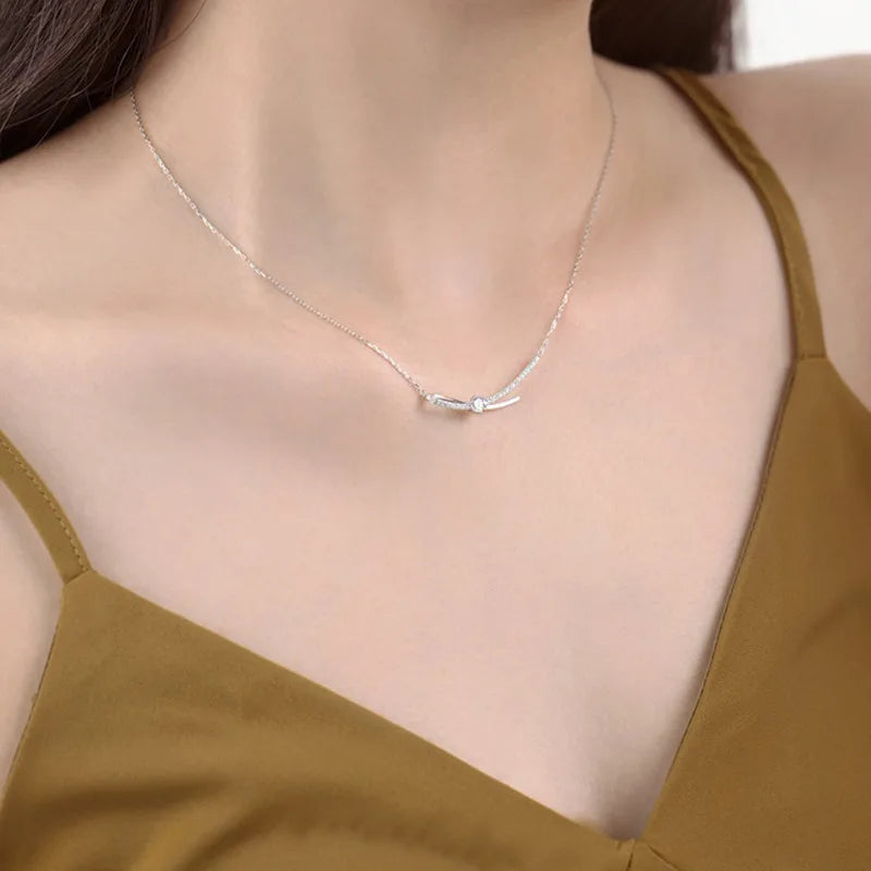 S925 Sterling Silver Ribbon Knot Necklace Clavicle Chain