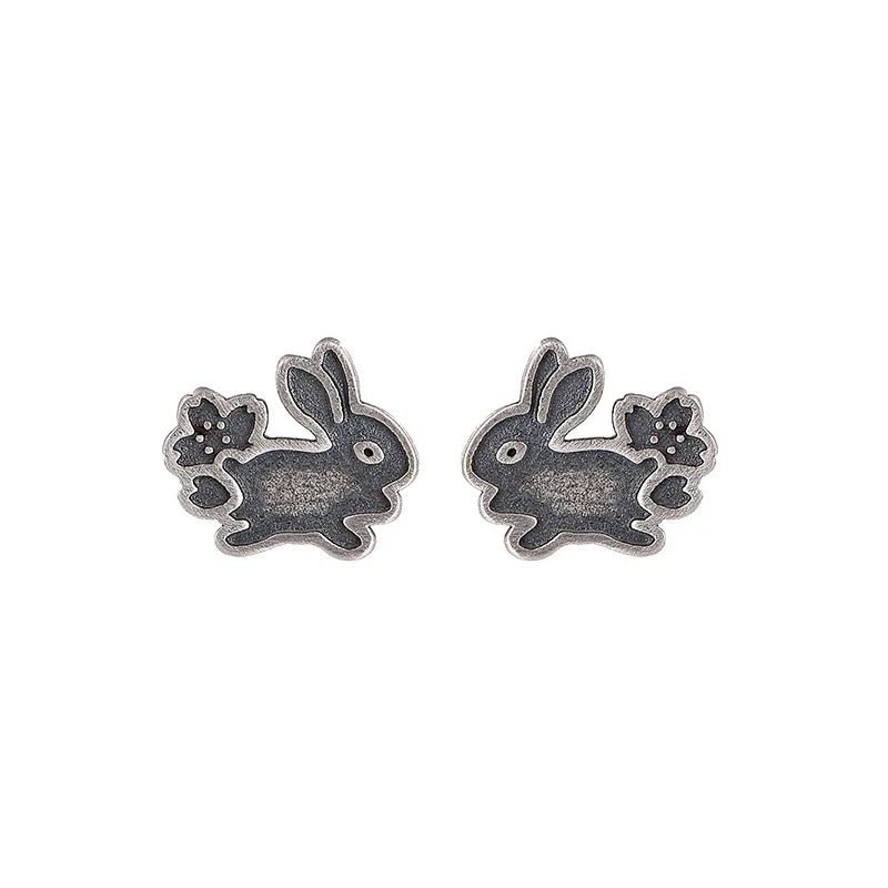 S925 Silver Stud Earrings Artistic Jade Hare Rabbit Women's Jewelry